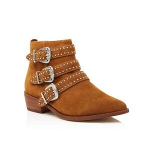 Aqua Blane Cognac Brown Studded Suede Block Heel Almond Toe Booties Sz 10M